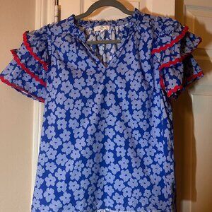 Women's Entro Blue Floral Ruffle Sleeve Blouse - Short Sleeve V-Neck Top Medium